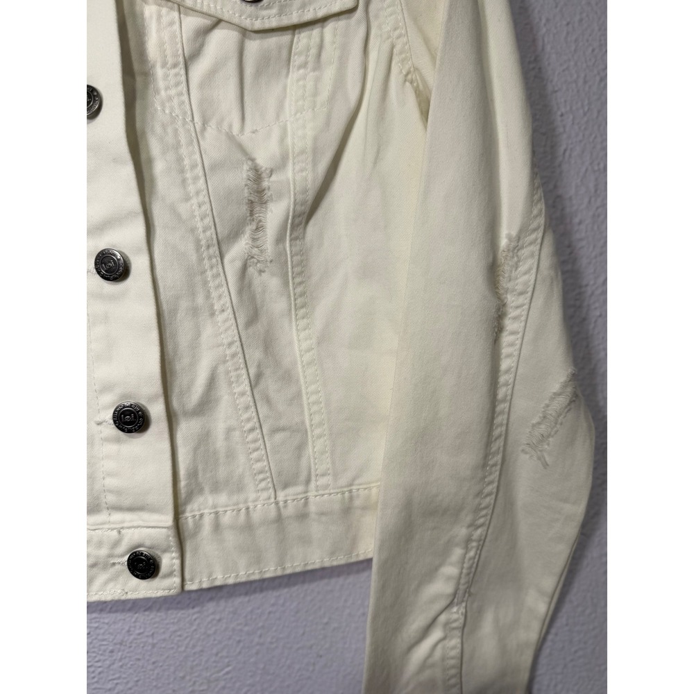 LEI Denim Jacket Womens White Distressed Cropped Y2K Style M Minimalist Casual - Picture 4 of 11